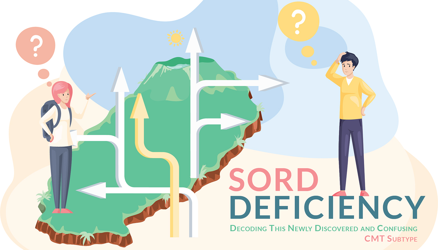 Illustrated cover graphic showing a split landform with branching directional arrows, two people with question marks above their heads, and the title ‘SORD Deficiency: Decoding This Newly Discovered and Confusing CMT Subtype.
