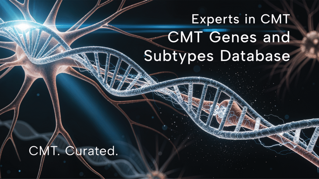 Illustration of a DNA double helix overlaid on nerve cells, with text reading ‘Experts in CMT: CMT Genes and Subtypes Database