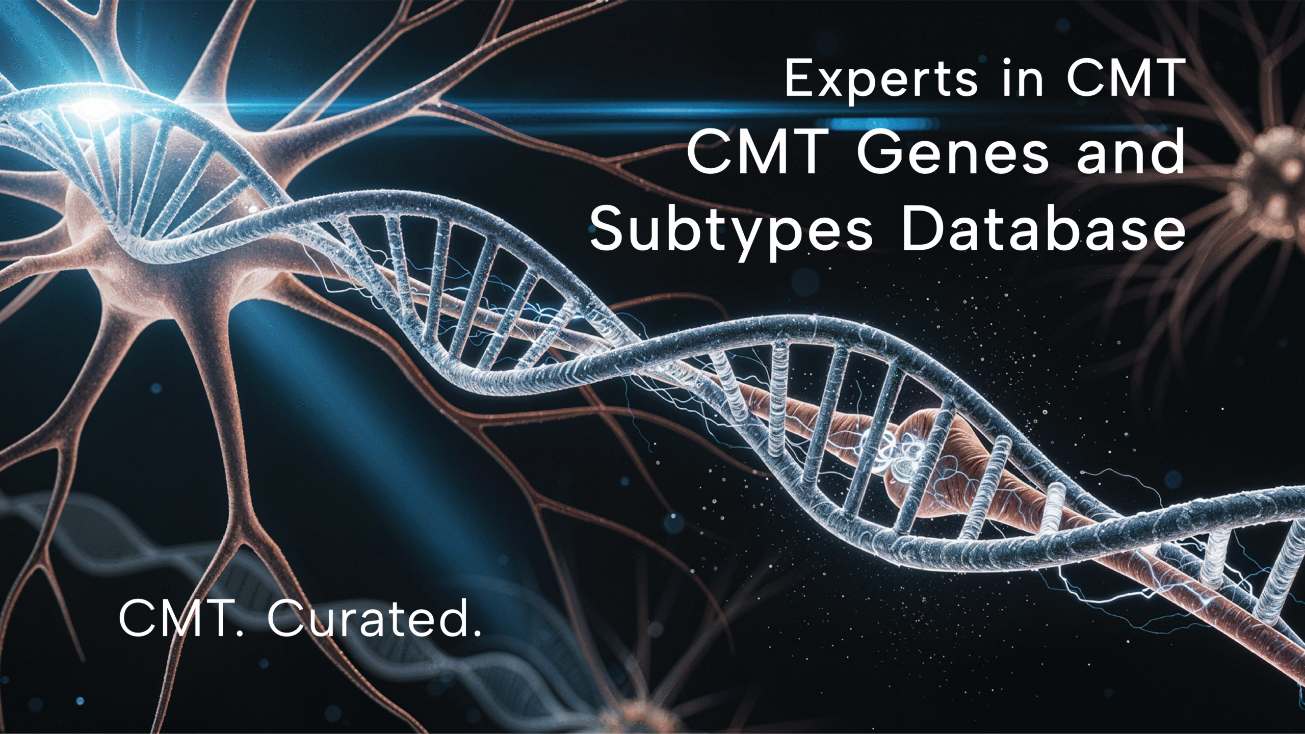 Illustration of a DNA double helix overlaid on nerve cells, with text reading ‘Experts in CMT: CMT Genes and Subtypes Database