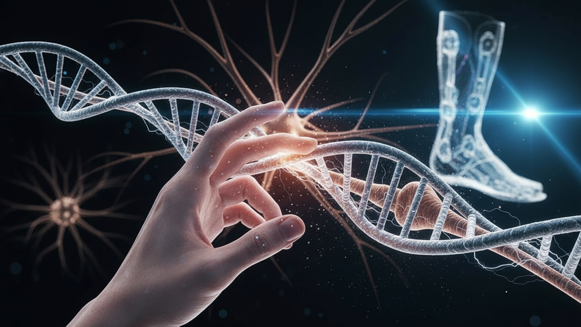 “Close-up of a human hand reaching toward a glowing DNA double helix with connected nerve structures in the background, symbolizing the link between genetics and peripheral nerve function. A holographic outline of a lower leg and foot appears in the distance, representing Charcot-Marie-Tooth disease research.”