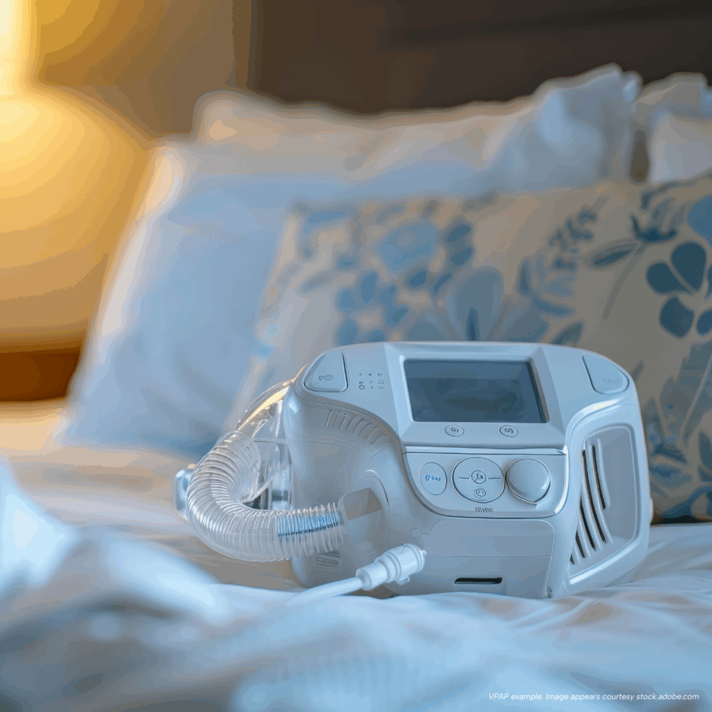 VPAP machine with display screen and hose resting on a bed in a bedroom setting.