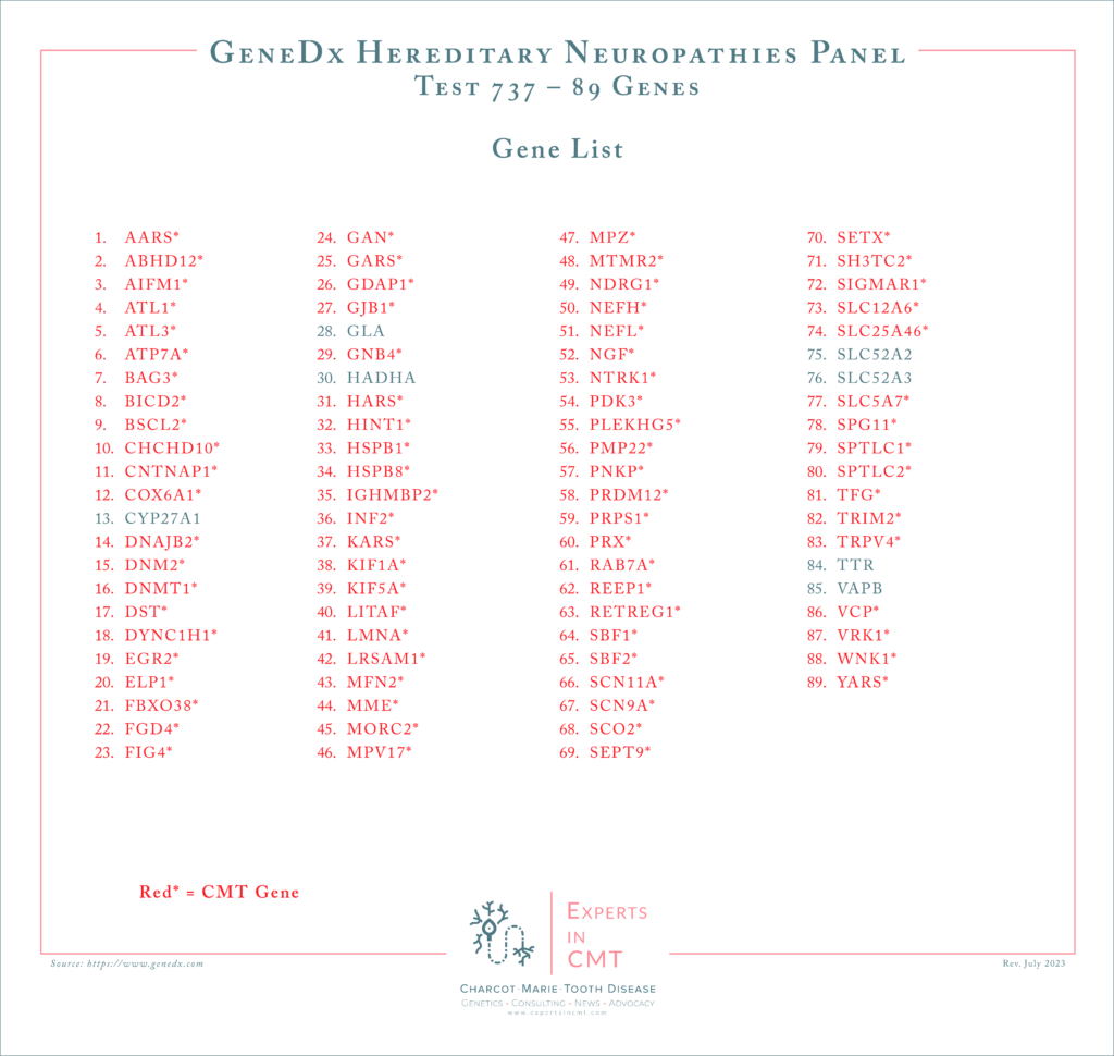 Reference chart titled ‘GeneDx Hereditary Neuropathies Panel Test 737 – 89 Genes,’ showing a multi-column list of gene names with CMT-related genes highlighted in red.