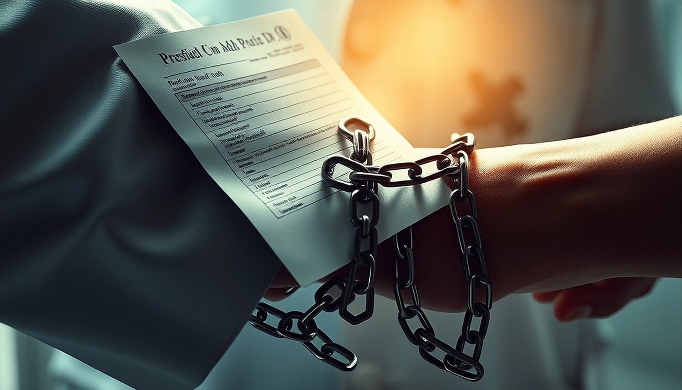 Close-up of a doctor’s hand holding a prescription pad while a patient’s wrist is wrapped with metal chains.