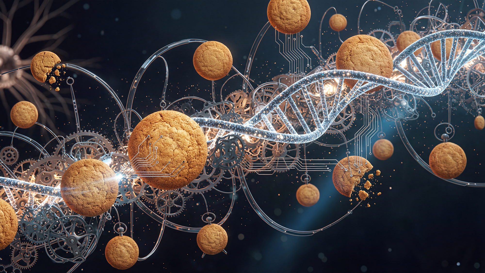 Illustration of a DNA double helix flowing through interconnected digital circuit lines and floating cookies, representing how website cookies store and transmit data over time.