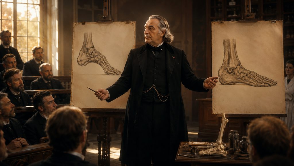 Jean-Martin Charcot lecturing at the Salpêtrière while comparing anatomical illustrations of a cavovarus Charcot-Marie-Tooth (CMT) foot and a Charcot neuroarthropathy foot, highlighting two different conditions that share the Charcot name.